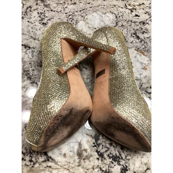 Badgley Mischka Humbie peep toe Pump  7.5 Gold Glitter Platfrom Heels Slip on - Picture 7 of 14